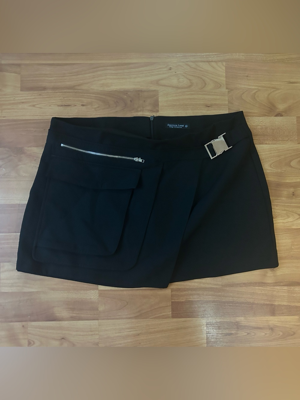 Emerson Lang Black Asymmetric Pocket Skirt with Silver Hardware